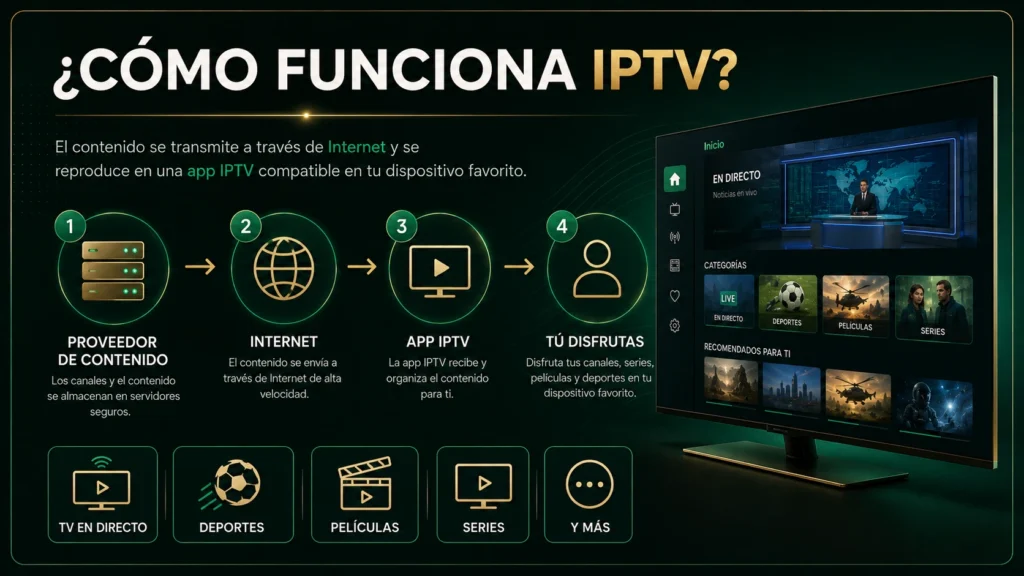 Infografía sobre cómo funciona IPTV desde el proveedor de contenido hasta la app IPTV en el dispositivo del usuario