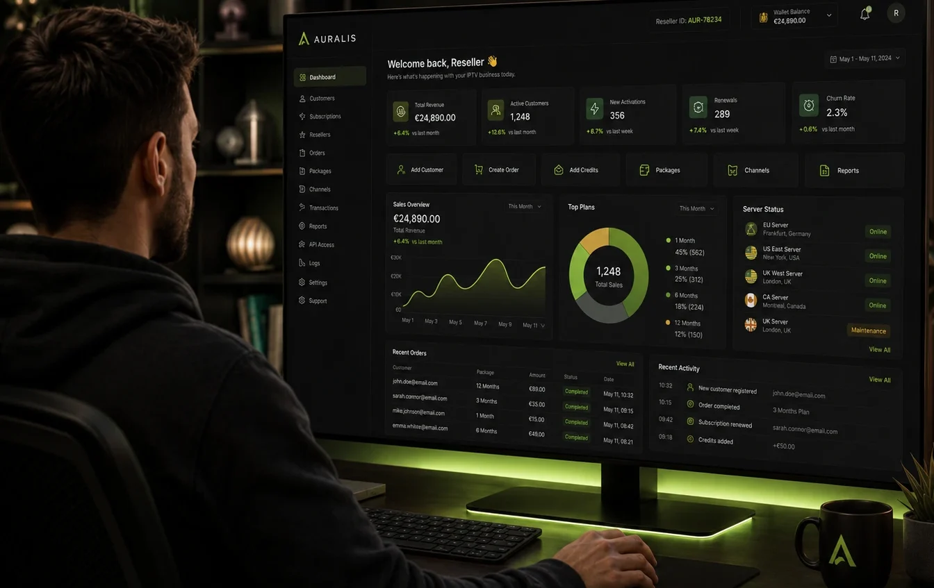 Programa revendedor IPTV de Auralis para gestionar clientes, créditos y suscripciones en España