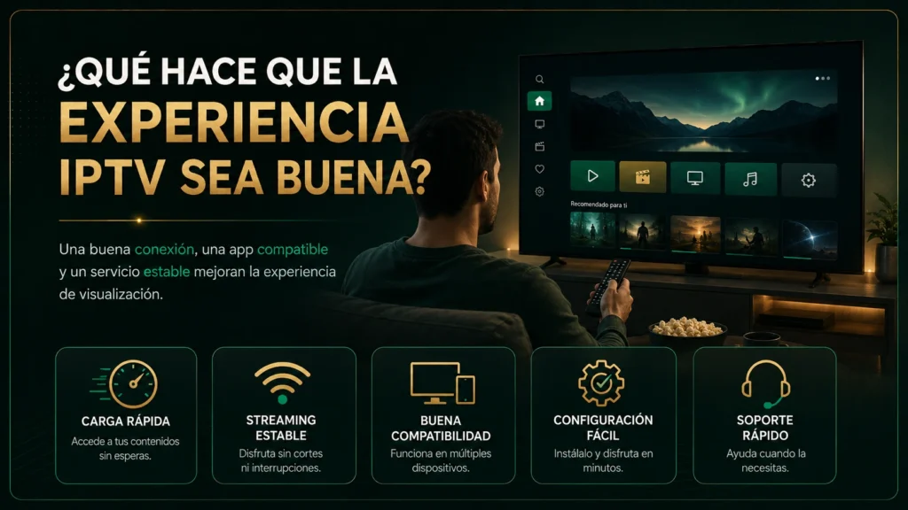 Usuario viendo IPTV en una Smart TV con carga rápida, streaming estable, compatibilidad, configuración fácil y soporte