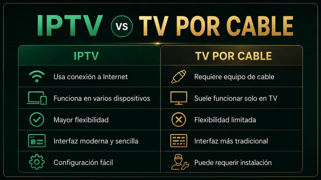 Comparativa visual entre IPTV y TV por cable con conexión a Internet, flexibilidad, dispositivos y configuración
