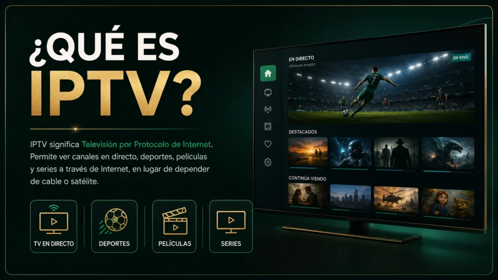 Infografía que explica qué es IPTV y muestra una interfaz de streaming con TV en directo, deportes, películas y series
