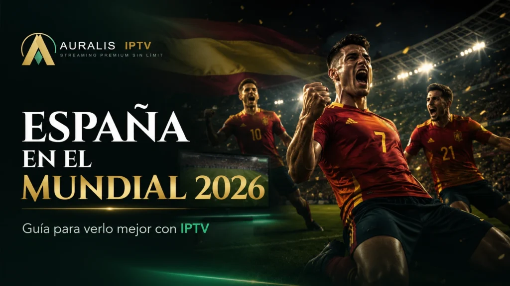 Banner principal de Auralis IPTV titulado "España en el Mundial 2026 - Guía para verlo mejor con IPTV" con imágenes de futbolistas celebrando con la bandera de España.