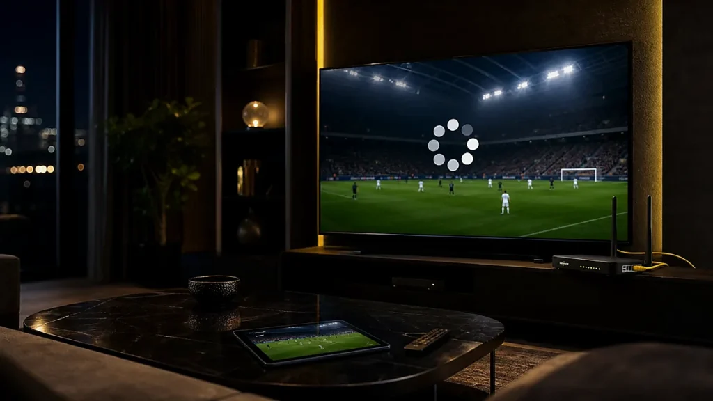 Smart TV con partido de fútbol en pausa y router conectado por cable para solucionar IPTV se corta