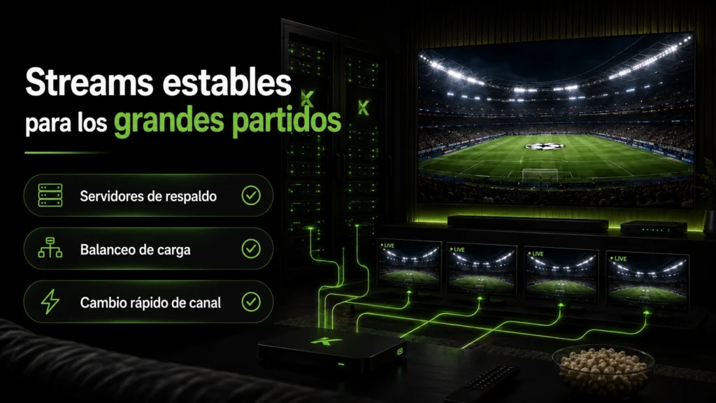 Infografía técnica de Auralis IPTV titulada "Streams estables para los grandes partidos" detallando las características de servidores de respaldo, balanceo de carga y cambio rápido de canal.