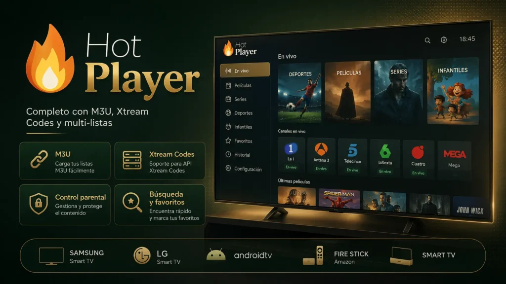 Hot Player con soporte para M3U, Xtream Codes y multi-listas, control parental y búsqueda de favoritos para Smart TV