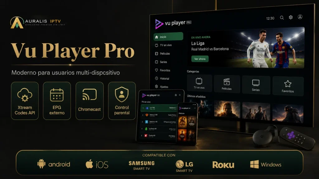 Vu Player Pro para usuarios multidispositivo con Xtream Codes API, EPG externo, Chromecast y control parental