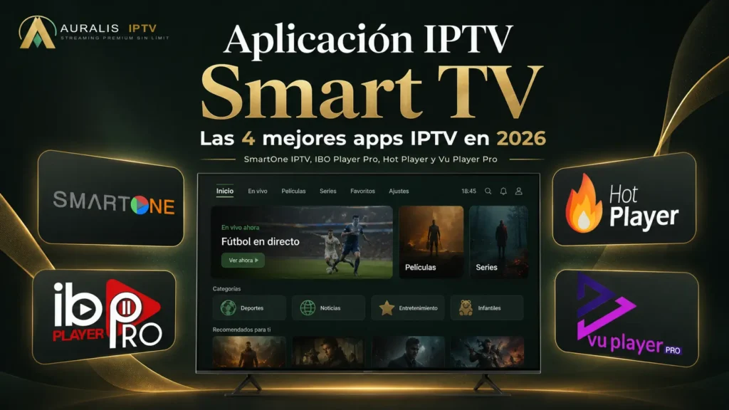 Aplicación IPTV Smart TV con SmartOne IPTV, IBO Player Pro, Hot Player y Vu Player Pro en una interfaz premium para televisores inteligentes