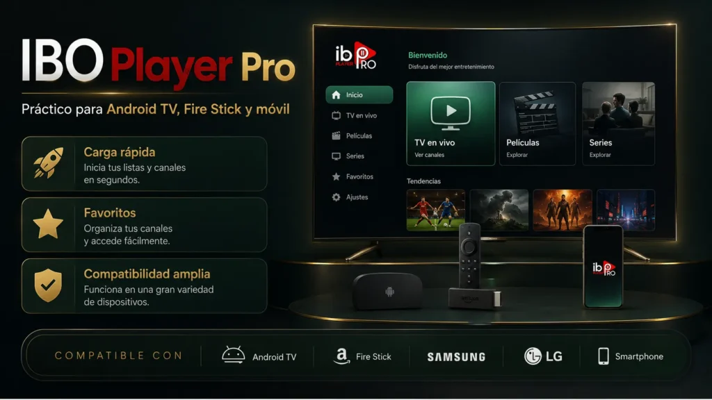 IBO Player Pro para Android TV, Fire Stick y móvil con carga rápida, favoritos y amplia compatibilidad de dispositivos