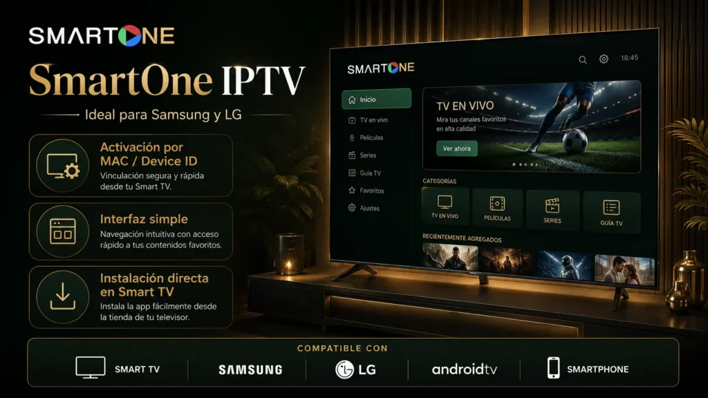 SmartOne IPTV para Samsung y LG con activación por MAC o Device ID, interfaz simple e instalación directa en Smart TV